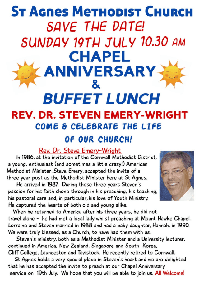 Banner image for St Agnes Methodist Church Chapel Anniversary & Buffet Lunch with Rev. Dr. Steven Emery-Wright